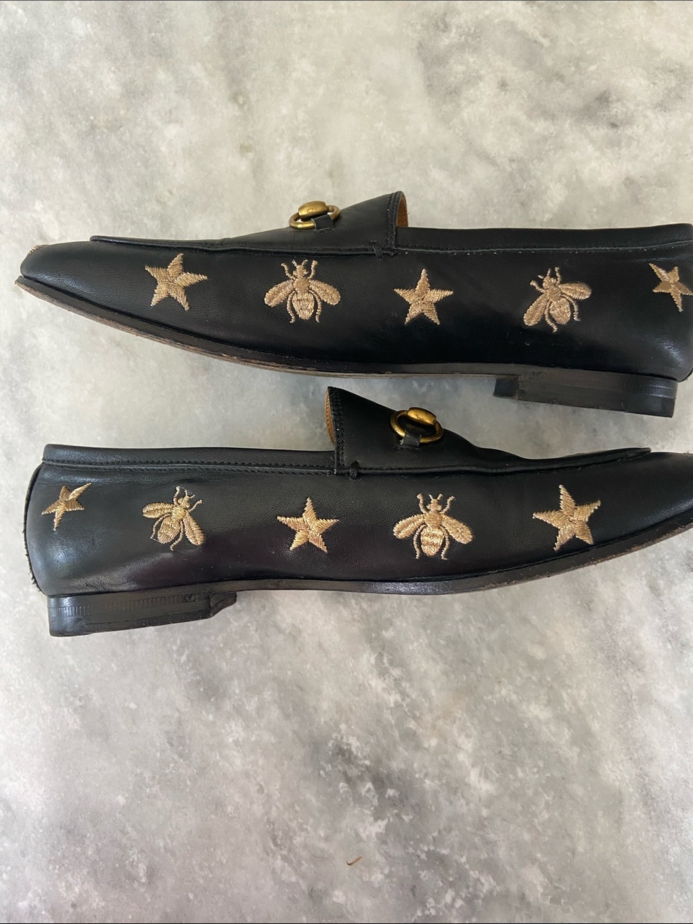 Gucci Black Leather Horsebit Loafers with Gold Embroidered Stars & Bees - Picture 6 of 9